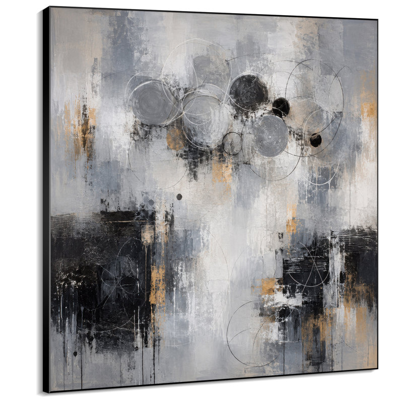 Impression sur tissu grand format - Motif abstrait de cercles et de formes géométriques gris, noir et beige pour salon ou chambre - « Assemblage du cadre requis (cadre non fini) »