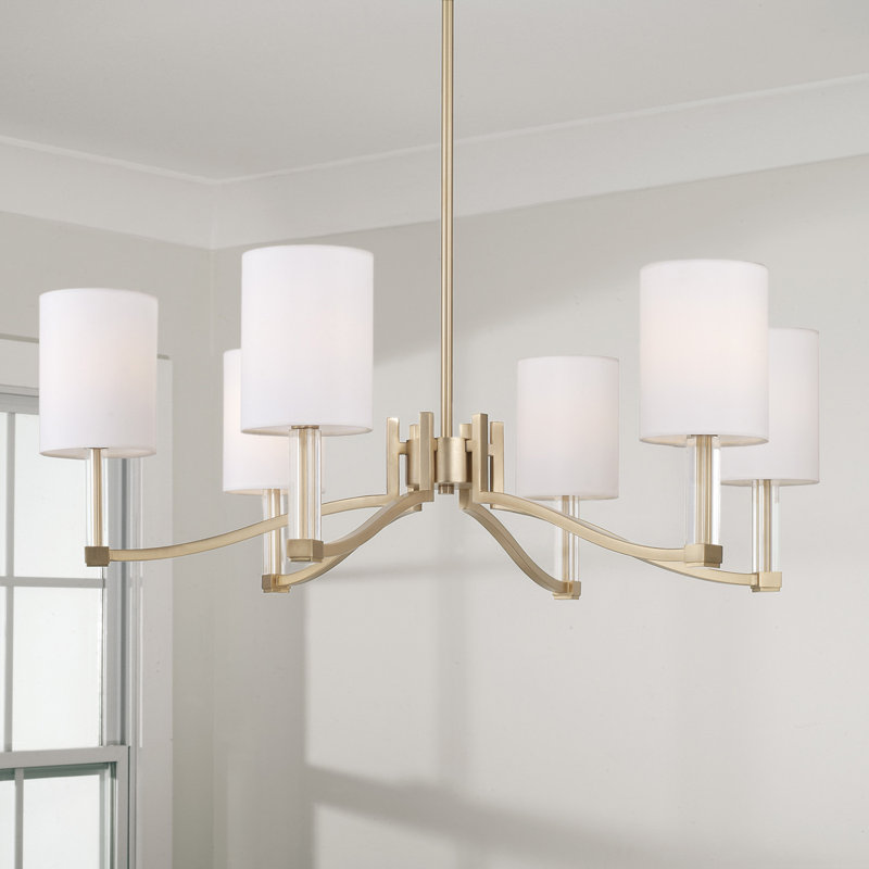 6-Light Chandelier in Matte Brass with Clear Acrylic Accents and Cylindrical White Fabric Shades