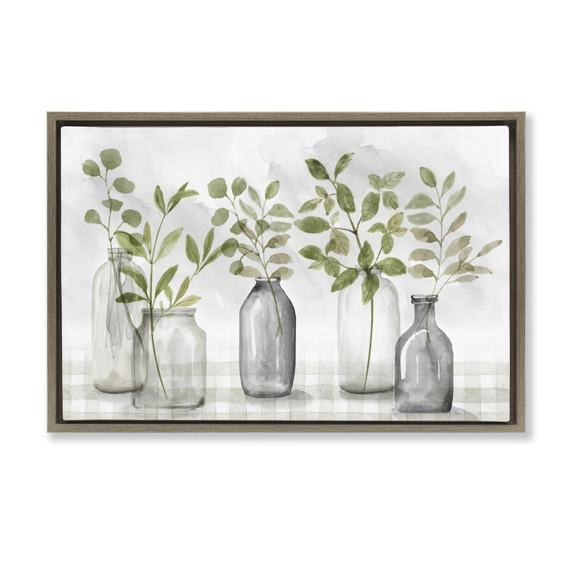 Cadre flottant de feuilles de verdure dans des vases, design par Nan, H 21 po x l 31 po, Montalcino orme flottant encadré
