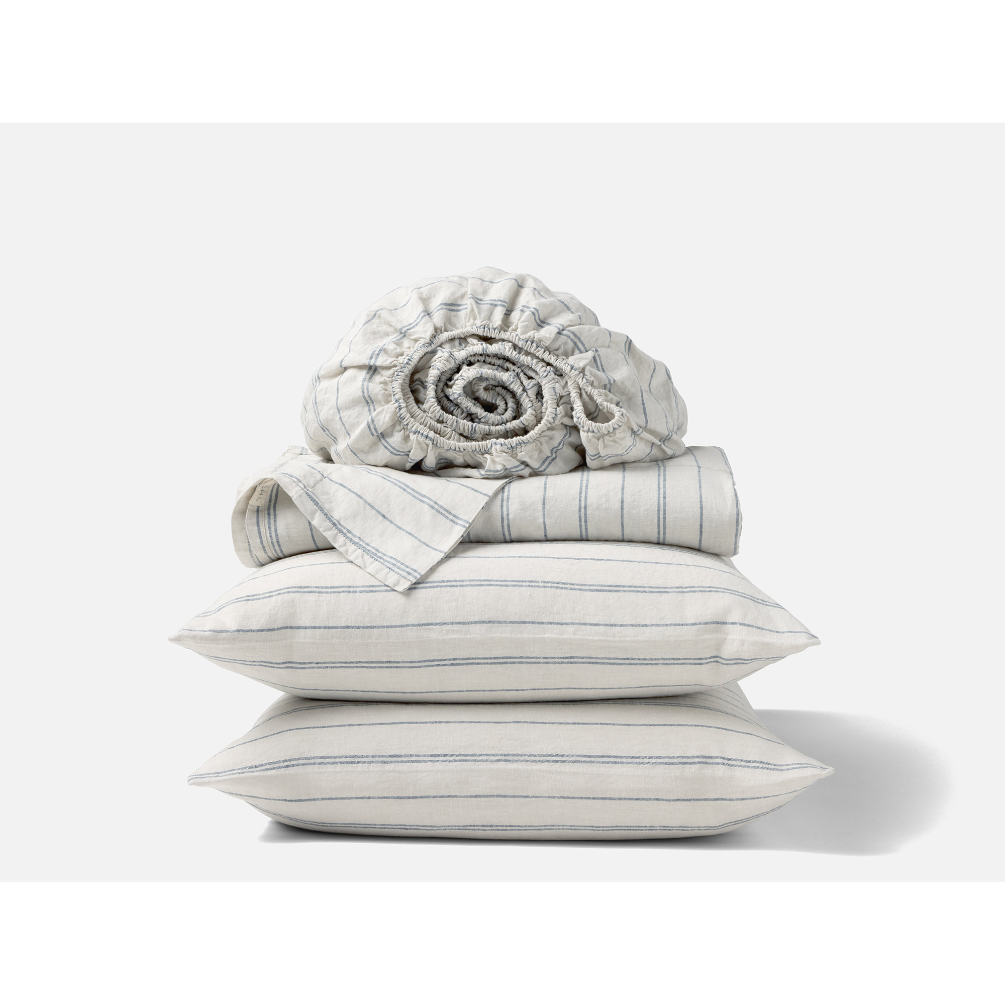 Organic Relaxed Belgian Flax Linen Standard Sheet Set, King Sheet Set with 2 Pillowcases, Fog Chambray Indigo Stripe