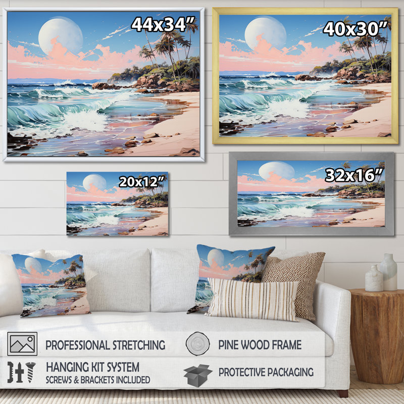 «Green Tropical Beach Escape II» - art mural bord de mer tropical, Cadre flottant doré, H 24 po x l 32 po x P 1 po