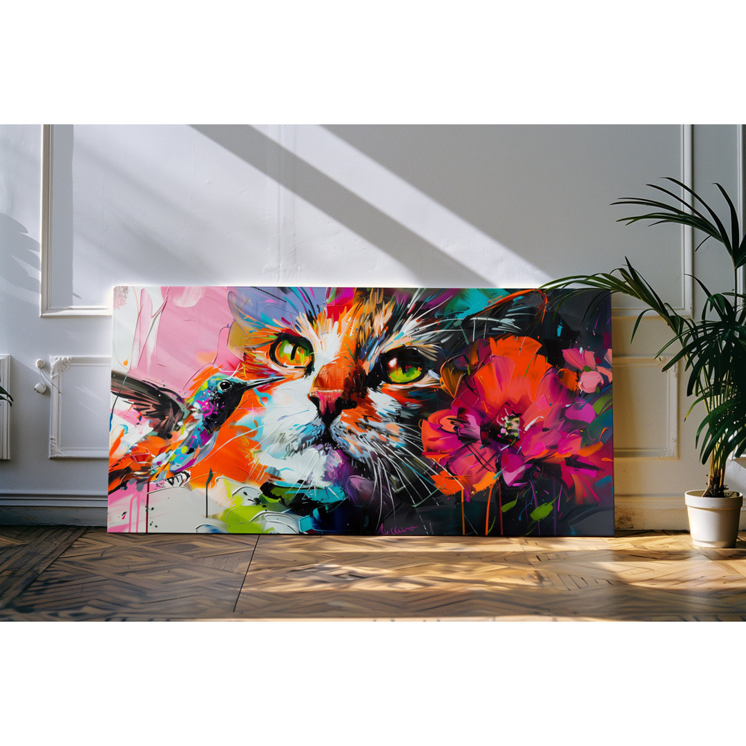 Wandbild 120x60cm Katze Kater Kolibri Blumen Farbenfroh Kunstvoll