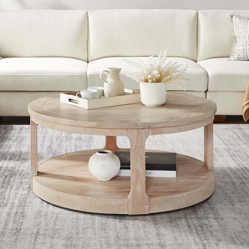 Oak 40" Round Two-Tier Wooden Coffee Table with Wheels