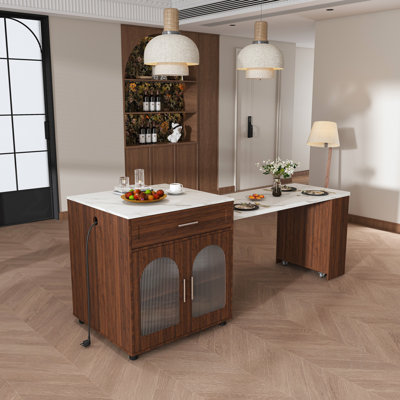 Ensemble de salle à manger avec îlot de cuisine extensible de 80 pouces avec 4 chaises en bois massif, noyer