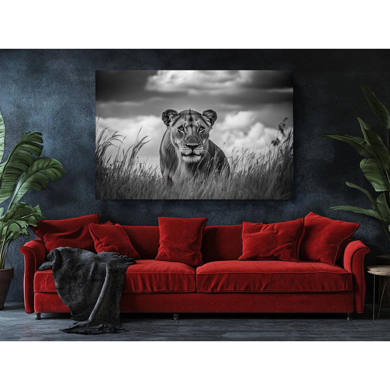 Lionne noire et blanche sur toile de haute qualité - décoration murale fabriquée à la main - art élégant - cadeau - décoration murale, reproduction de peinture