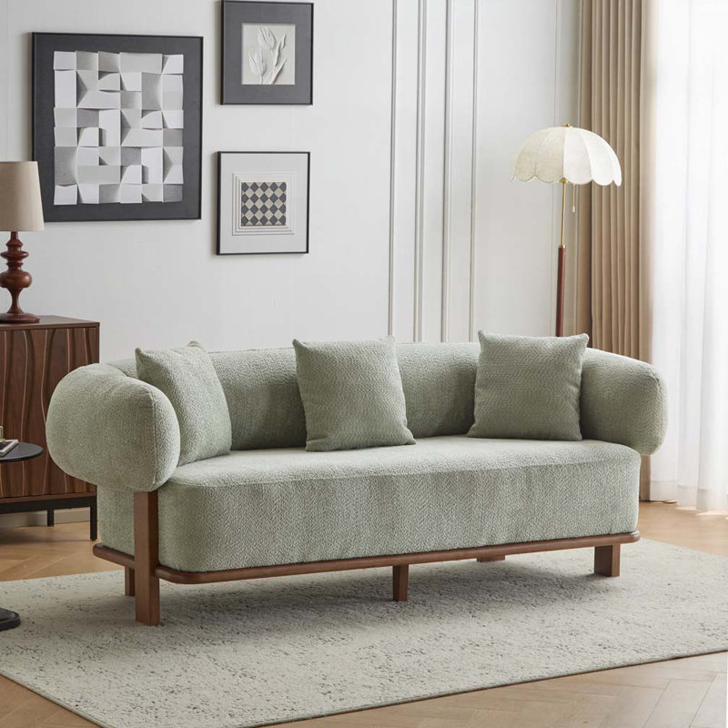 82.25"Wide Round Arm Curved Sofa with Rubberwood Legs, Light Green