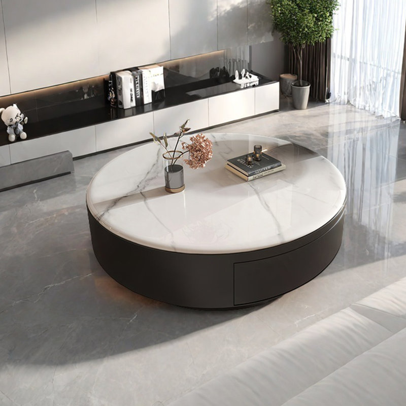 Table basse ronde en pierre supercristalline, Blanc, H 13 po x L 31,5 po x l 31,5 po