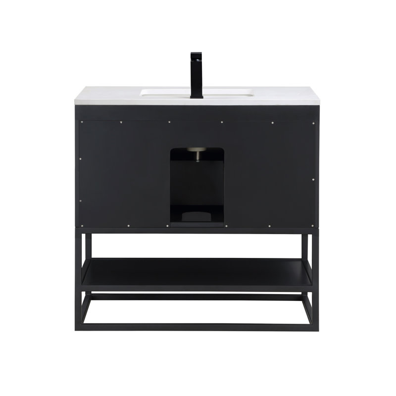 Terra 36'' W Single Vanity, Calacatta Quartz/Widespread Faucet Mount, Midnight Black, Matte Black
