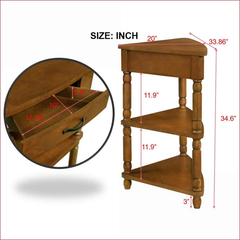 Table basse d'angle brune à 3 niveaux avec pieds en bois massif pour petits espaces, plateau imperméable brun