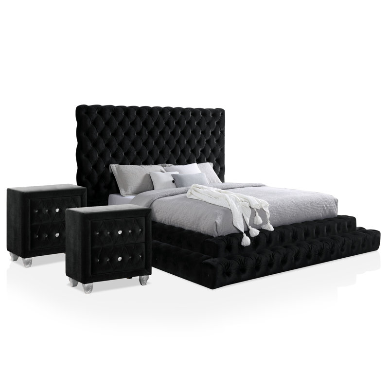 Ensemble de chambre à coucher rembourrée 3 pièces Deskins, Grand, Noir