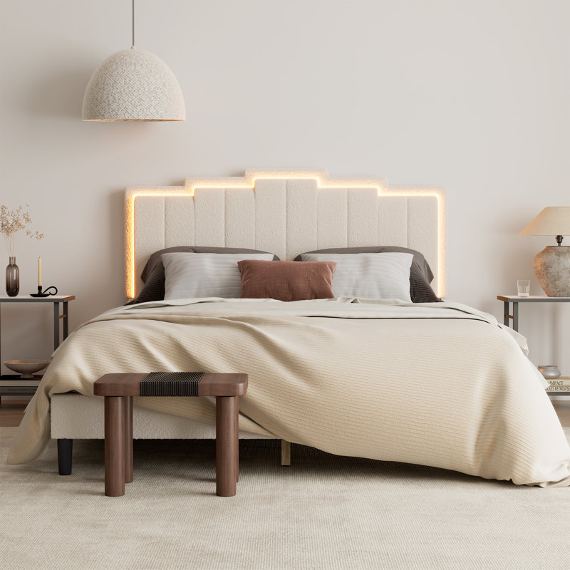 Solid Wood Queen Size Boucle Platform Bed with Geometric Headboard in Cream White with DIY Multicolor RGB Lights, Cream White