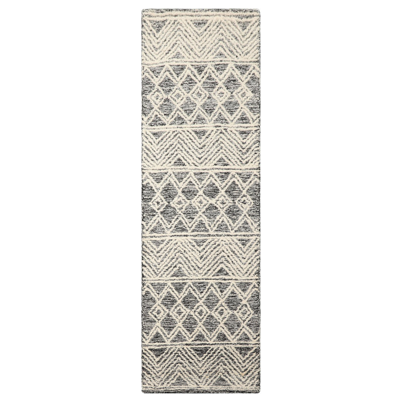 Multi Sizes Black Hand Tufted Wool Transitional Geometric Oriental Area Rug, Runner 2'3" x 7'