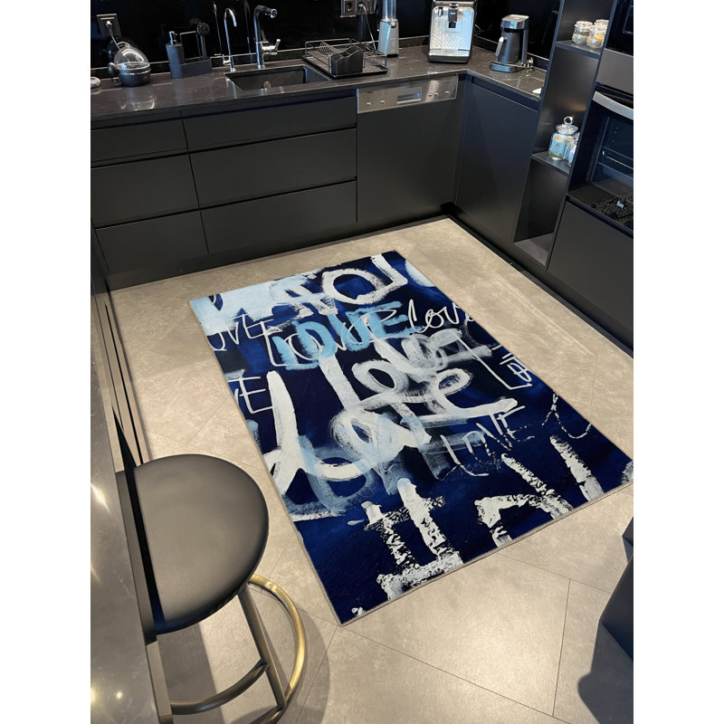 Tapis décoratif moderne à lettres bleu marine "Love", Tapis de couloir 3 pi 3 po x 9 pi 10 po