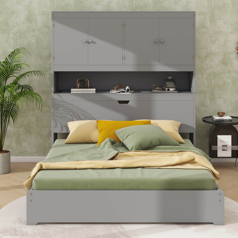 Lit plateforme double en bois, avec ports USB, tête de lit et tiroirs, gris