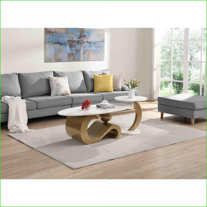 Ensemble de 2 tables basses gigognes pour le salon, en faux marbre et métal doré, peu encombrantes et faciles à assembler