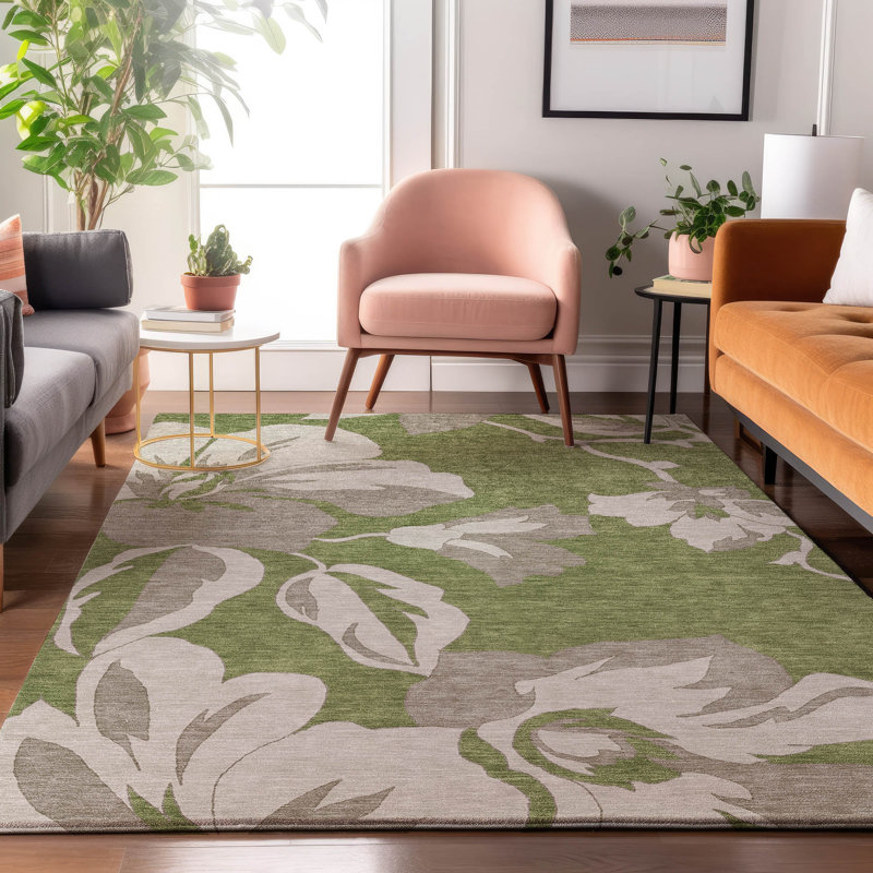 Premium Machine Washable Prisco Olive Rug, Rectangle 2'6" x 3'10"