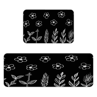White Floral Outline, 2 Pcs Non Slip Kitchen Mats