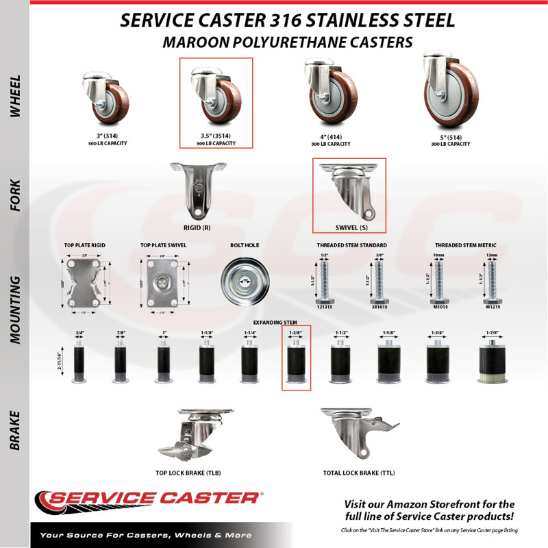 Polyurethane Casters, Maroon