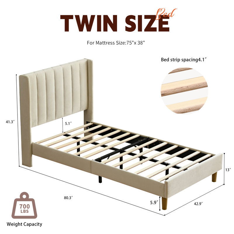 Torrick Upholstered Platform Bed with Tufted Wingback Headboard, Cream Velvet, Twin