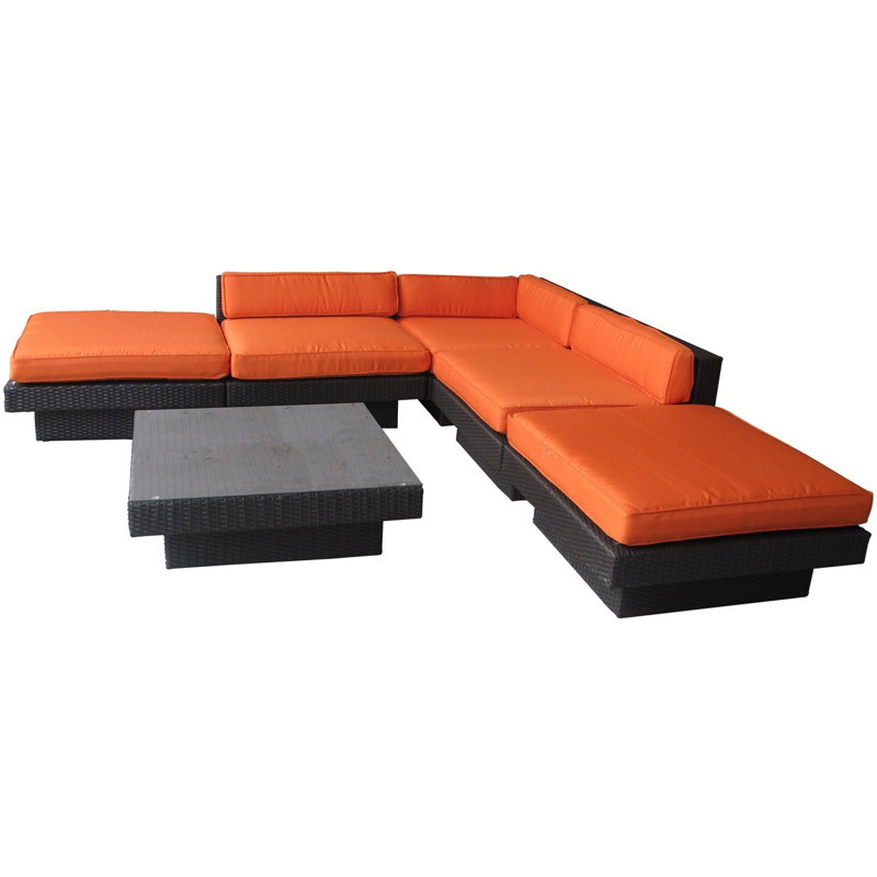 Ensemble modulaire en rotin avec coussins 6 pièces de luxe, Espresso, Orange