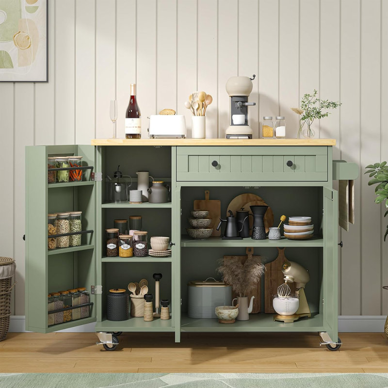 Îlot de cuisine avec abattant, table pour îlot sur roulettes, buffet moderne avec portes et porte de rangement, Vert