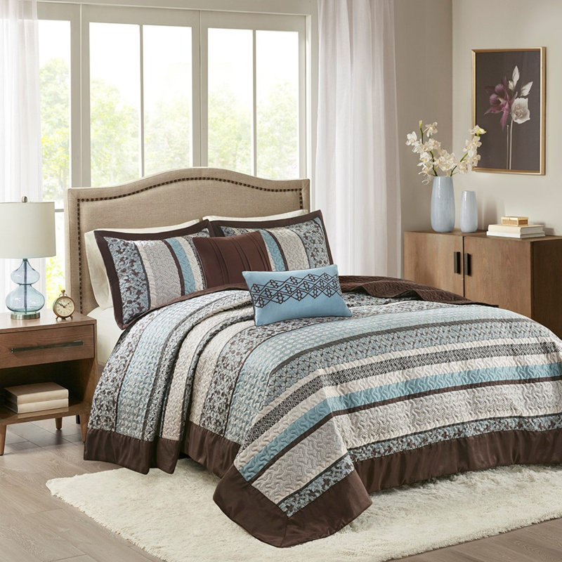 Ensemble de couvre-lit en jacquard réversible élégant 5 pièces en bleu