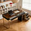 Bureau d'ordinateur pivotant de haute qualité, finition similicuir grainé, bureau pour bureau à domicile, bureau de direction en L, prise électrique, plateau en verre, montage très facile-133630982
