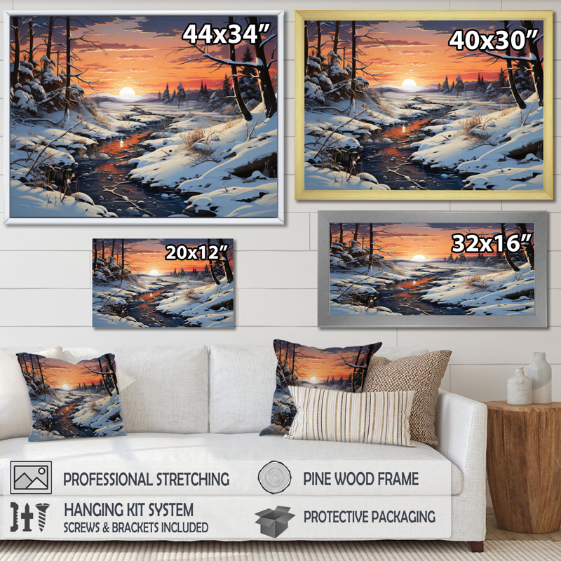 Paysage d'hiver rivière - impressions d'art mural, H 34 po x l 44 po, Cadre naturel flottant
