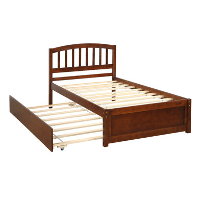 Twin Size Platform Bed with Trundle - Solid Wood Daybed Frame in Walnut Finish, No Box Spring Needed