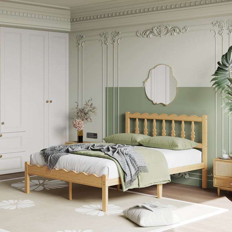 Solid Wood Bed Frame with Wavy Headboard, No Box Spring Needed, Bamboo&Metal, Queen