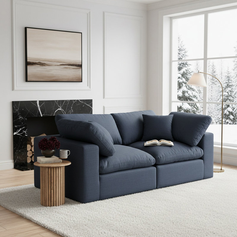 Hisamuddin 119" Linen Modular Sofa, Navy Linen Textured Fabric