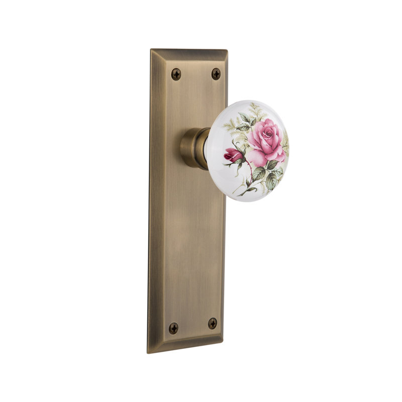 Plaque de porte en porcelaine blanche New York, Laiton antique