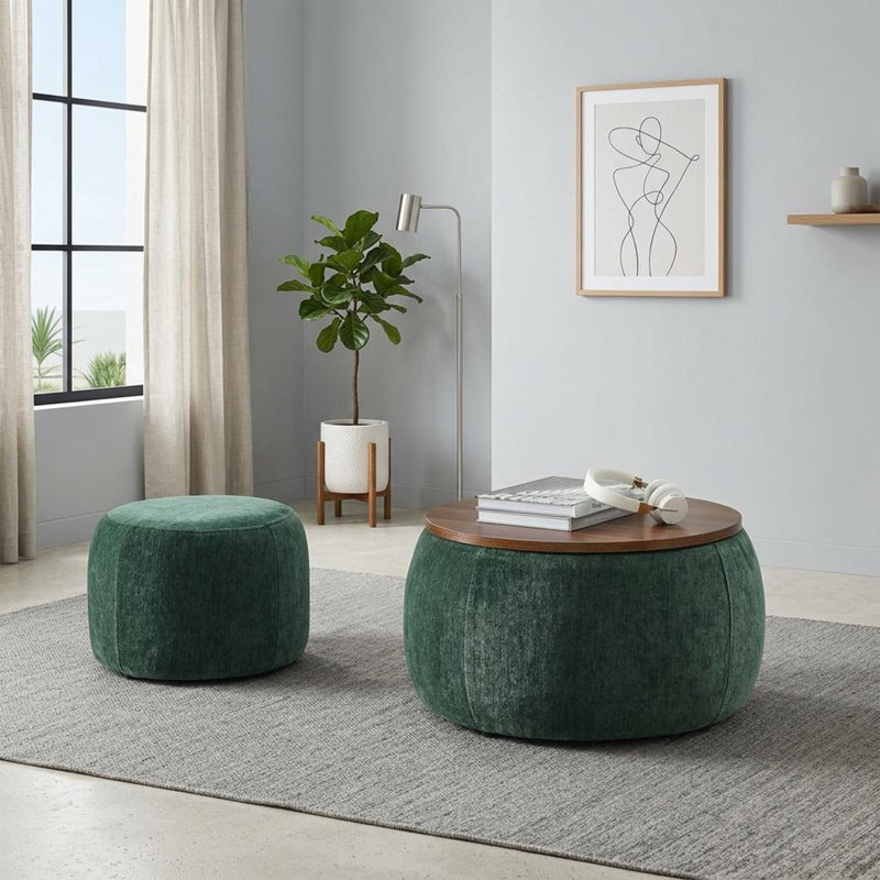 Ensemble de 2 tabourets de coiffeuse 25 po avec rangement pour la chambre à coucher, table basse, rotin tissé, table basse et tabouret pour le salon, vert