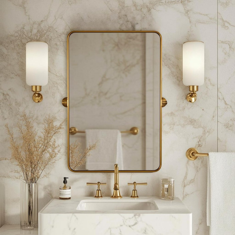 Miroir de salle de bain moderne inclinable, Or brossé, 30 po x 22 po