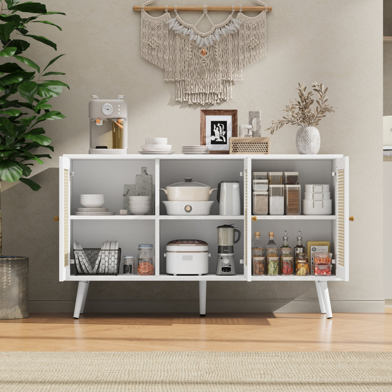 Buffet 32 po en rotin avec tablettes réglables, armoire de bar d'appoint Boho pour entrée et cuisine, robot aspirateur, blanc