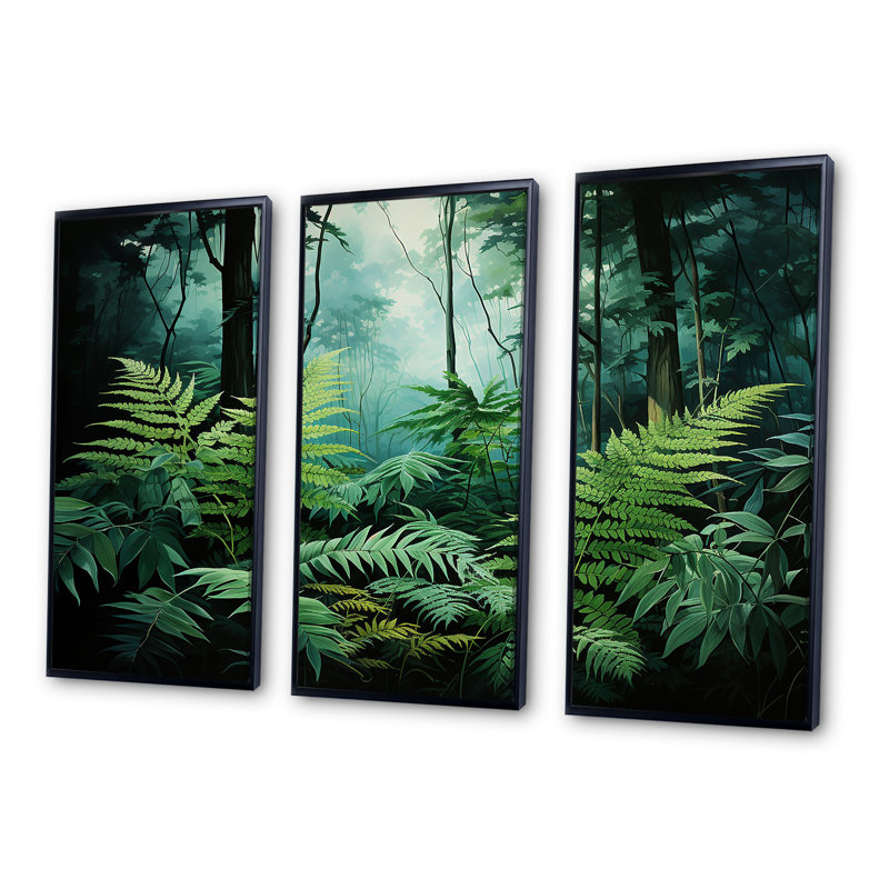 Emerald Green Ferns Forest VI - Ensemble d'art mural sur toile Plants, Cadre flottant noir, H 40 po x l 60 po x P 1 po