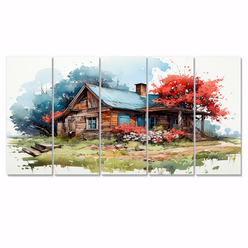 Maison de campagne avec arbre rouge, aquarelle - paysage, art mural 5 pièces, H 28 po x l 60 po