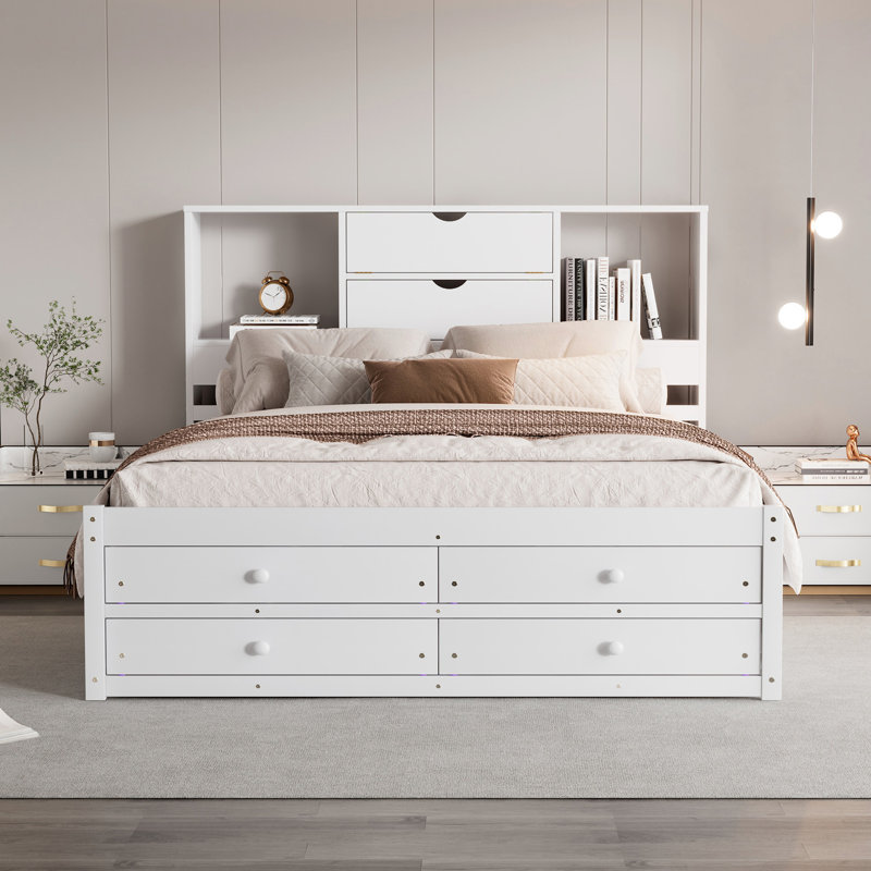 Grand lit plateforme blanc avec 8 rangements - Tête de lit 8 tiroirs en bois massif