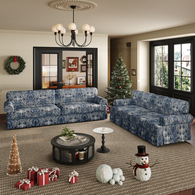 Luxurious Oxford Fabric Sofa, Blue Floral, Spacious 4-seater For Home & Office