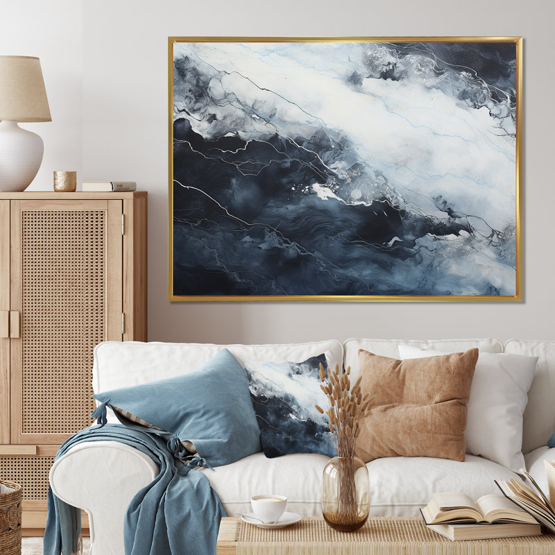 Bleu et blanc rivière de marbre I - décoration murale abstraite, Cadre flottant doré, H 30 po x l 40 po x P 1,5 po