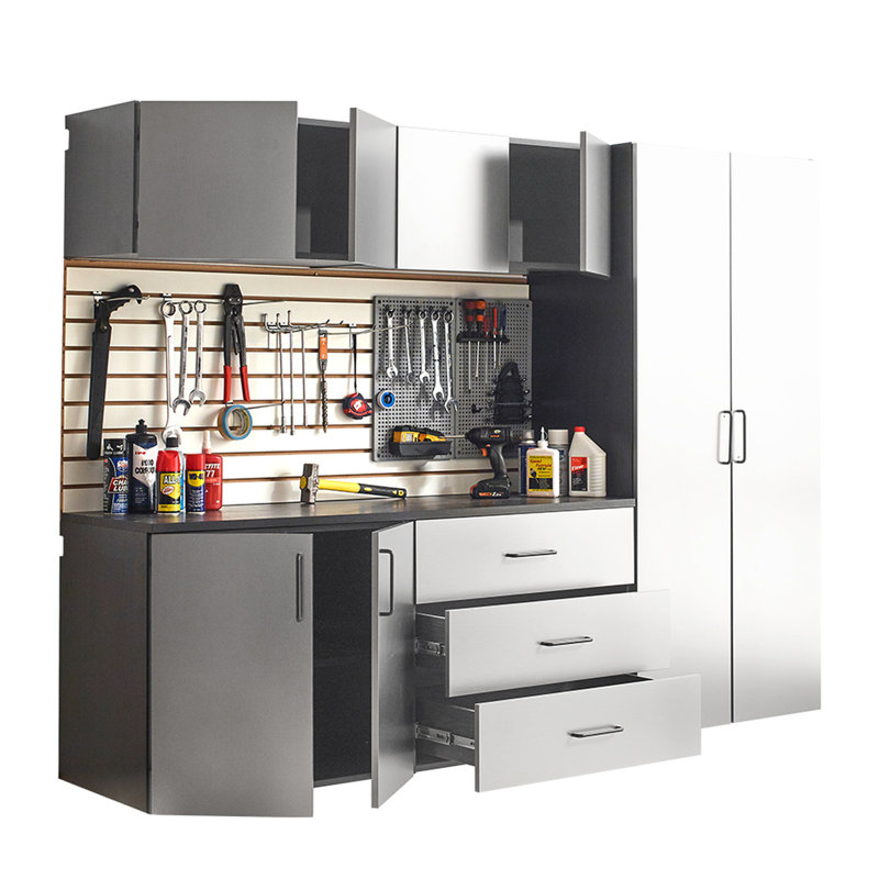 Series, Garage Cabinet , Metallic Gray Finish, Drawers, Water And Heat Trait, 2X Thicker Edge Banding, Shelf Provision, Double Metal Bracket 6 B, 96 In. W X 79 H 20 D, Drawers Doors, Nature, Device