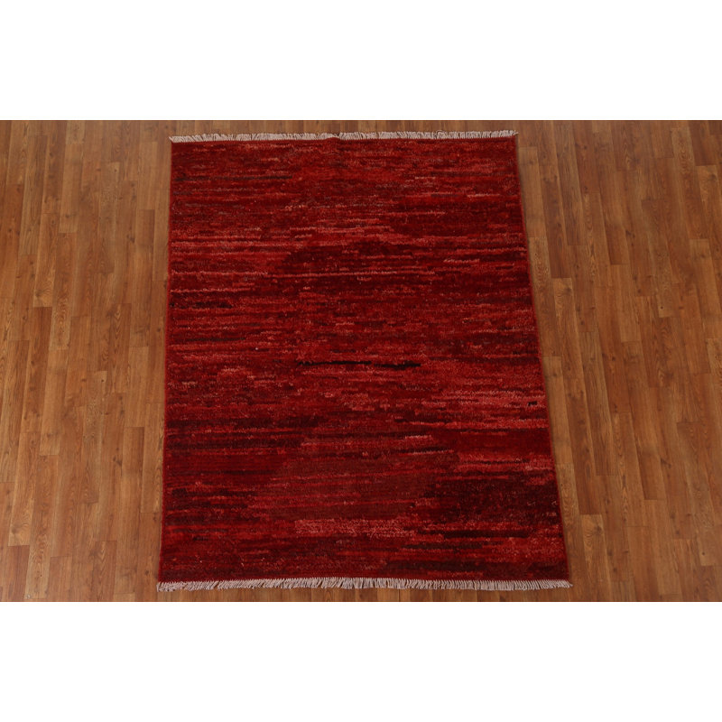 Tapis rouge en laine noué à la main de conception unique 5 pi 2 po x 6 pi 4 po New Age