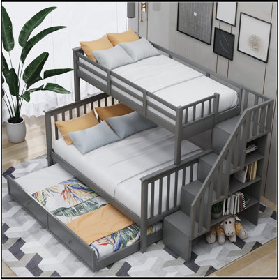 Lit superposé simple au-dessus d'un lit double avec lit gigogne, rangement et barrière de sécurité pour chambre à coucher, dortoir, pour adultes, gris