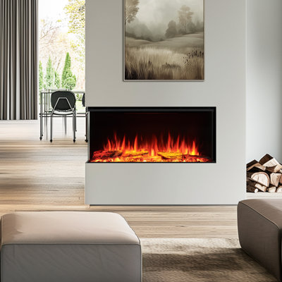 FLAMME Knighton 1/2/3-Sided Platinum Smart Electric Media Wall Fireplace, App Control, 1.8kW Heater, Logs & Crystals Included