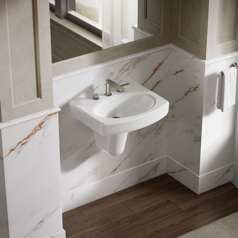 Pinoir® Vitreous China U-Shaped Semi-Pedestal Bathroom Sink with Overflow, White, 8" Centers