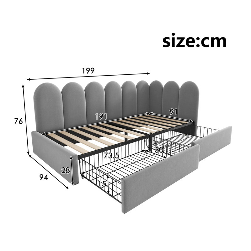 Velvet Upholstered 3FT Single Sofa Bed 90X190cm With Drawers Storage With Slatted Frame, Grey