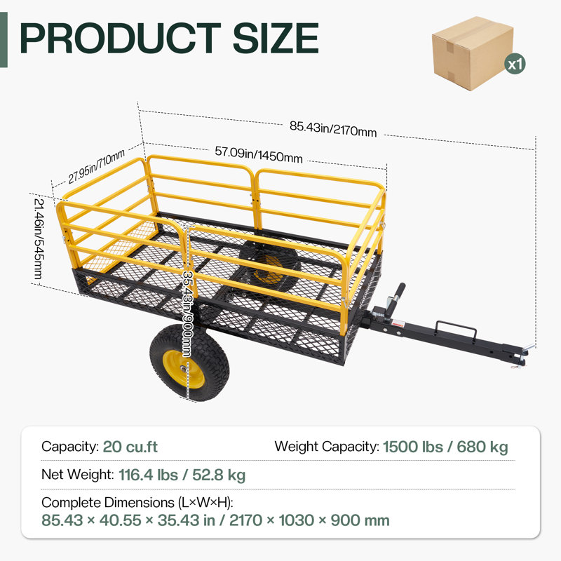 Remorque utilitaire de jardin robuste AMERLIFE, remorque de remorquage de VTT de 1 500 lb 20 pi cu UTV avec chariot de basculement avec côtés amovibles et poignée pratique, chariot de tondeuse à gazon pour tracteur