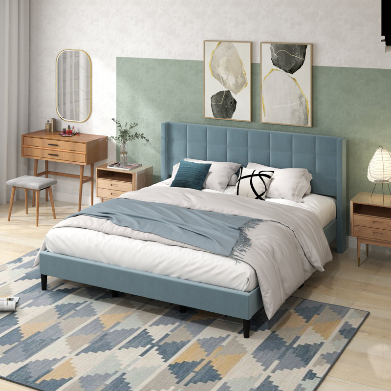 75.9'' W King Size Upholstered Platform Bed with Velvet Fabric & Square Tufted Headboard, Blue, King