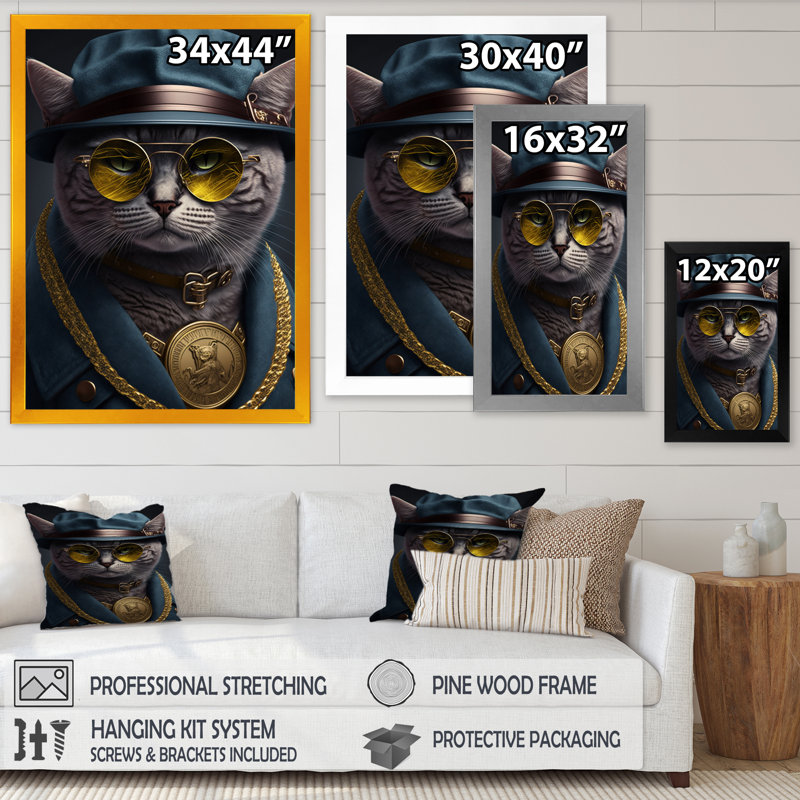 «Mafia Cat I», impression sur toile, H 32 po x l 16 po x P 1 po, Impression dorée sur toile encadrée