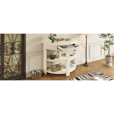 Fluted Half Moon Console Table With Drawer And 2 Shelves For Entryway, Living Room And Hallway